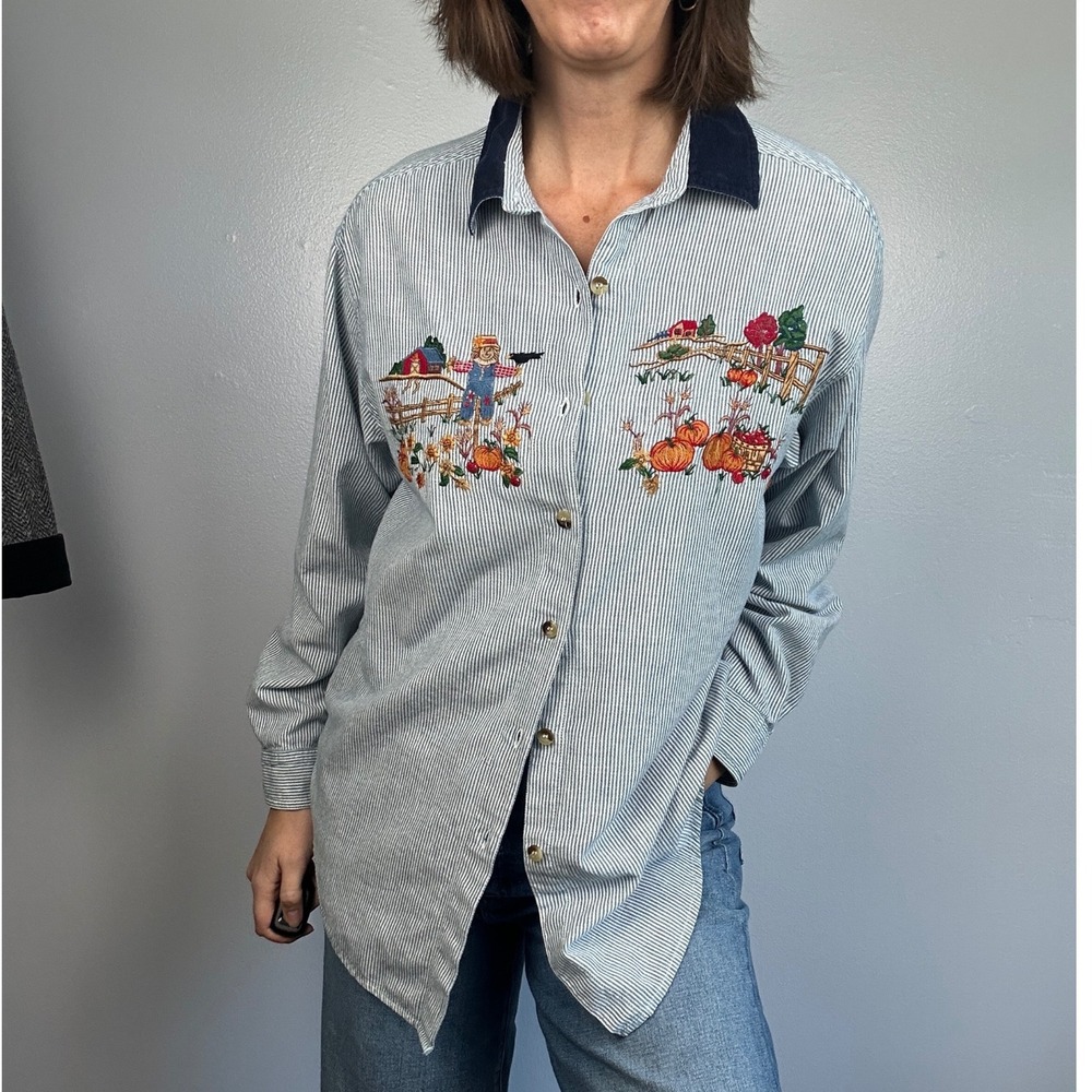 Vintage 90 Embroidered Striped Button Up Fall Autumn Scarecrow Corduroy Collar L - Picture 2 of 6